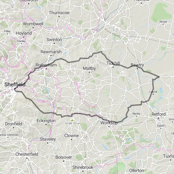 Map miniature of "Sheffield to Worksop Circular" cycling inspiration in South Yorkshire, United Kingdom. Generated by Tarmacs.app cycling route planner