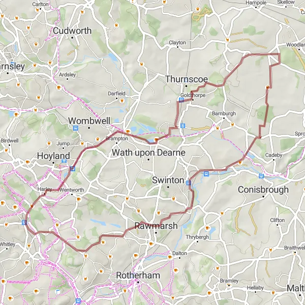 Map miniature of "The Gravel Trailblazer" cycling inspiration in South Yorkshire, United Kingdom. Generated by Tarmacs.app cycling route planner