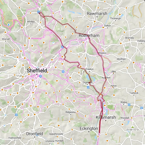 Map miniature of "Hills and Industrial Heritage" cycling inspiration in South Yorkshire, United Kingdom. Generated by Tarmacs.app cycling route planner