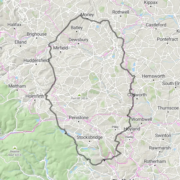 Map miniature of "Thrilling Hills and Scenic Landscapes" cycling inspiration in South Yorkshire, United Kingdom. Generated by Tarmacs.app cycling route planner