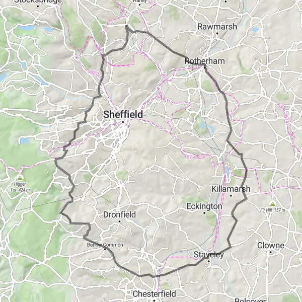 Map miniature of "Scenic Villages and Rural Landscapes" cycling inspiration in South Yorkshire, United Kingdom. Generated by Tarmacs.app cycling route planner