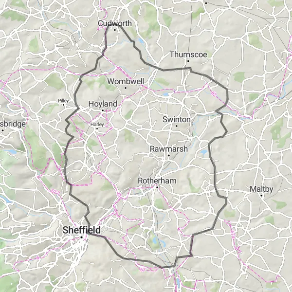 Map miniature of "Picturesque Countryside Ride" cycling inspiration in South Yorkshire, United Kingdom. Generated by Tarmacs.app cycling route planner