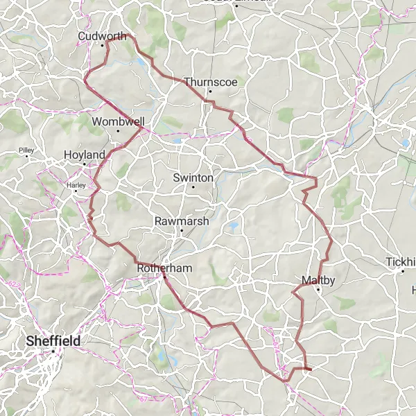 Map miniature of "Dinnington Gravel Adventure" cycling inspiration in South Yorkshire, United Kingdom. Generated by Tarmacs.app cycling route planner
