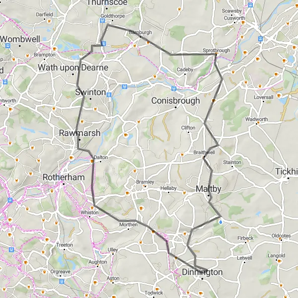 Map miniature of "Serenity of Rural South Yorkshire" cycling inspiration in South Yorkshire, United Kingdom. Generated by Tarmacs.app cycling route planner