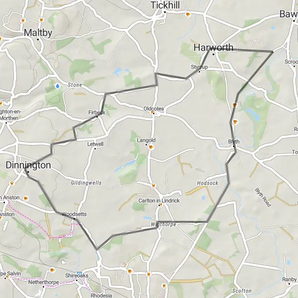 Map miniature of "Scenic Countryside Ride" cycling inspiration in South Yorkshire, United Kingdom. Generated by Tarmacs.app cycling route planner
