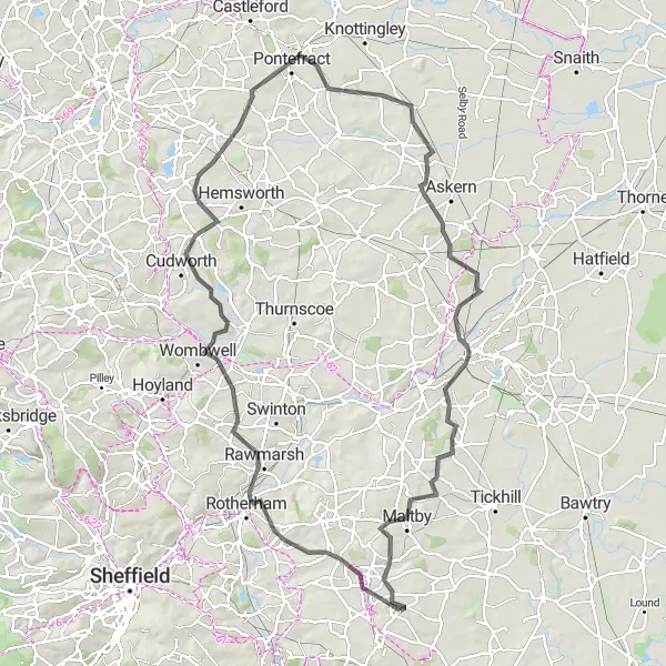 Map miniature of "Exploring Doncaster and Laughton-en-le-Morthen" cycling inspiration in South Yorkshire, United Kingdom. Generated by Tarmacs.app cycling route planner
