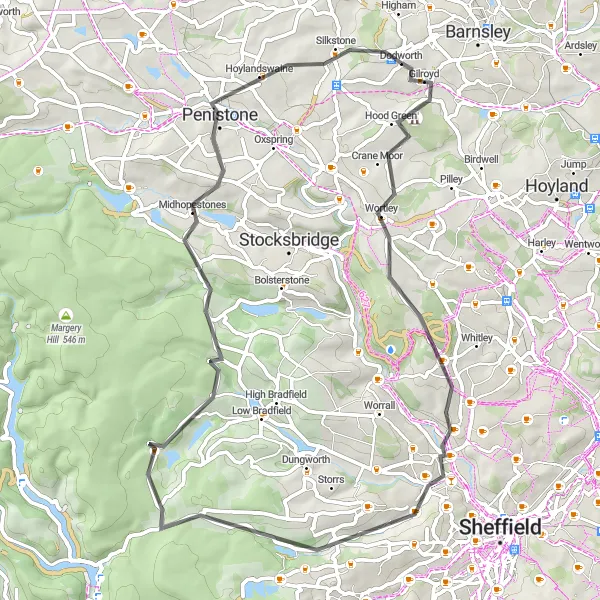 Map miniature of "Peak District Climbs" cycling inspiration in South Yorkshire, United Kingdom. Generated by Tarmacs.app cycling route planner
