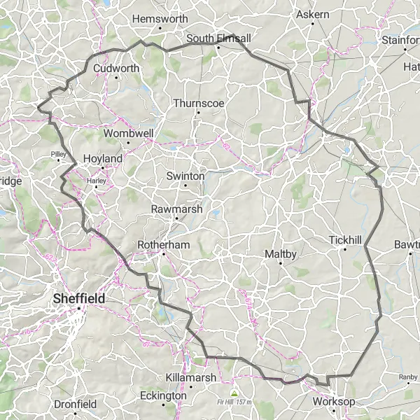 Map miniature of "The Road to Doncaster" cycling inspiration in South Yorkshire, United Kingdom. Generated by Tarmacs.app cycling route planner