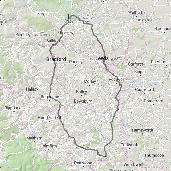 Map miniature of "The Bradford Odyssey" cycling inspiration in South Yorkshire, United Kingdom. Generated by Tarmacs.app cycling route planner