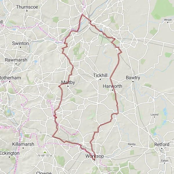 Map miniature of "Doncaster to Sprotbrough Gravel Adventure" cycling inspiration in South Yorkshire, United Kingdom. Generated by Tarmacs.app cycling route planner