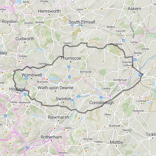 Map miniature of "Doncaster to Hooton Roberts Loop" cycling inspiration in South Yorkshire, United Kingdom. Generated by Tarmacs.app cycling route planner