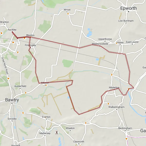 Map miniature of "Finningley Gravel Ride" cycling inspiration in South Yorkshire, United Kingdom. Generated by Tarmacs.app cycling route planner