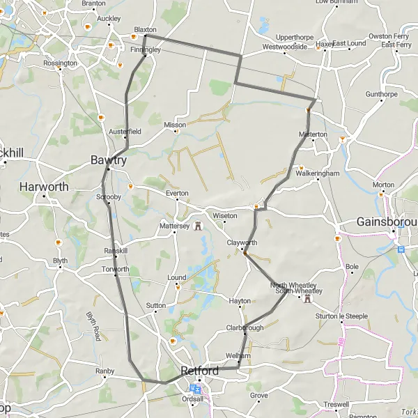 Map miniature of "Finningley to Misterton" cycling inspiration in South Yorkshire, United Kingdom. Generated by Tarmacs.app cycling route planner