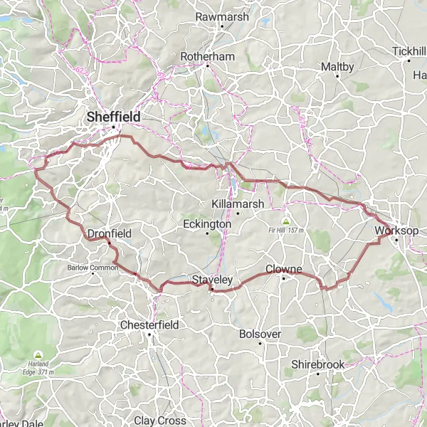 Map miniature of "South Yorkshire Countryside" cycling inspiration in South Yorkshire, United Kingdom. Generated by Tarmacs.app cycling route planner