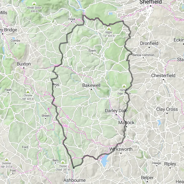 Map miniature of "Peak District Adventure" cycling inspiration in South Yorkshire, United Kingdom. Generated by Tarmacs.app cycling route planner