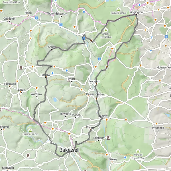 Map miniature of "Chatsworth Circuit" cycling inspiration in South Yorkshire, United Kingdom. Generated by Tarmacs.app cycling route planner