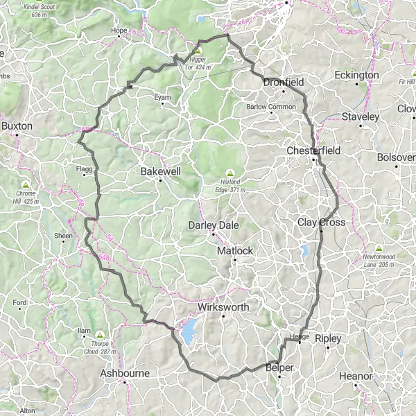 Map miniature of "The Peak District Loop" cycling inspiration in South Yorkshire, United Kingdom. Generated by Tarmacs.app cycling route planner