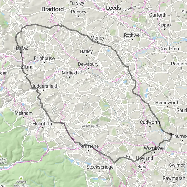 Map miniature of "Yorkshire Moors and Valleys Challenge" cycling inspiration in South Yorkshire, United Kingdom. Generated by Tarmacs.app cycling route planner