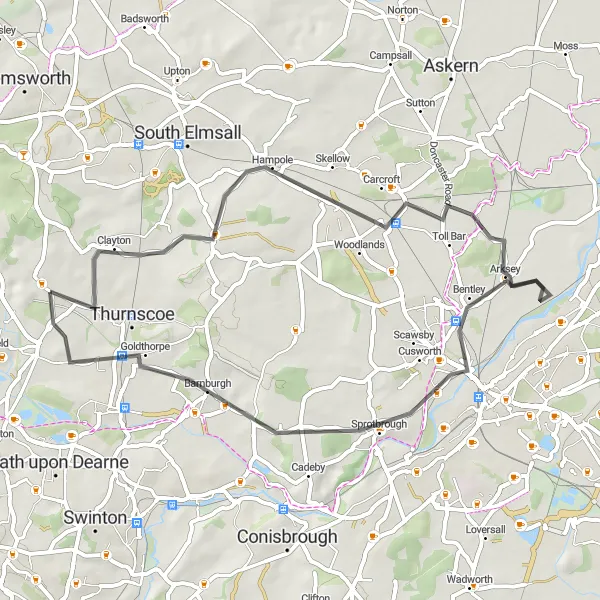 Map miniature of "The Hampole Loop" cycling inspiration in South Yorkshire, United Kingdom. Generated by Tarmacs.app cycling route planner