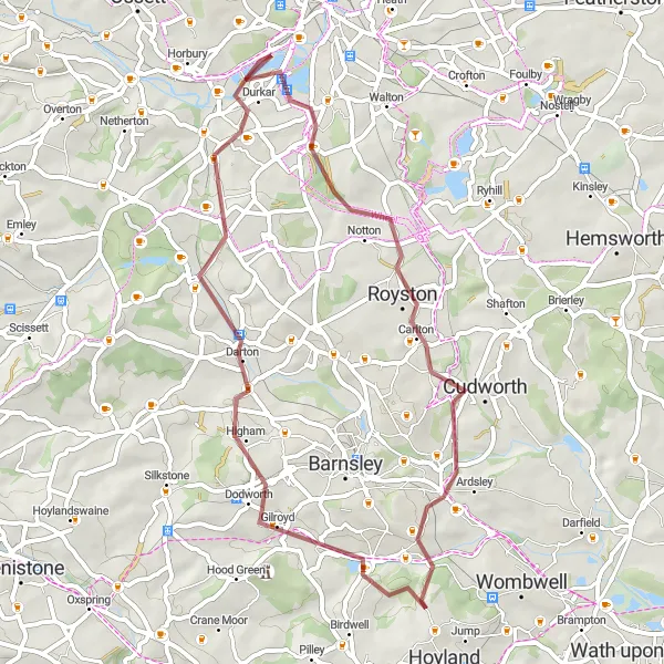 Map miniature of "Darton Valley Gravel Adventure" cycling inspiration in South Yorkshire, United Kingdom. Generated by Tarmacs.app cycling route planner