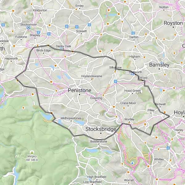 Map miniature of "Stocksbridge Challenge" cycling inspiration in South Yorkshire, United Kingdom. Generated by Tarmacs.app cycling route planner