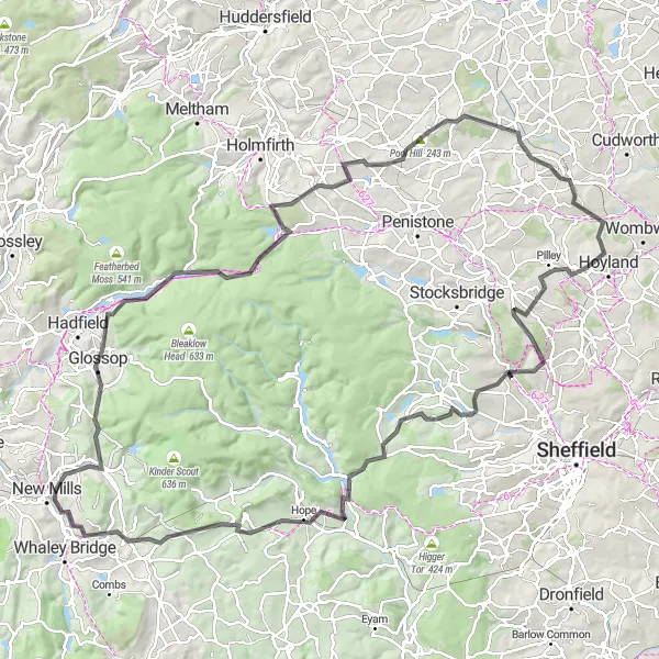 Map miniature of "South Yorkshire Hills Road Trip" cycling inspiration in South Yorkshire, United Kingdom. Generated by Tarmacs.app cycling route planner