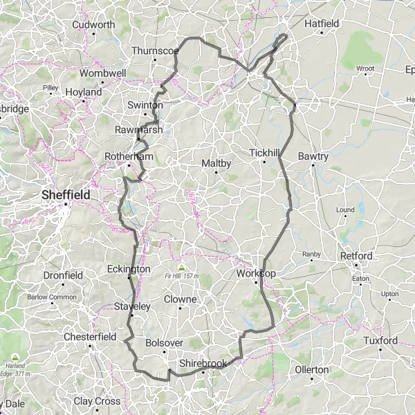 Map miniature of "The Hilltop Explorer" cycling inspiration in South Yorkshire, United Kingdom. Generated by Tarmacs.app cycling route planner