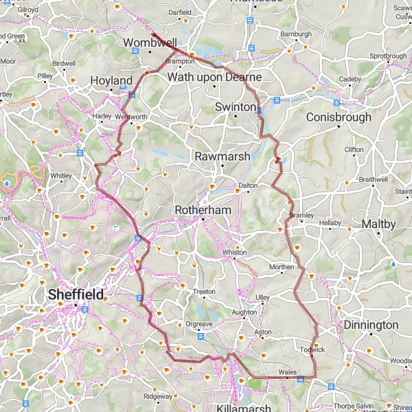 Map miniature of "Handsworth and Thorpe Hesley Gravel Ride" cycling inspiration in South Yorkshire, United Kingdom. Generated by Tarmacs.app cycling route planner