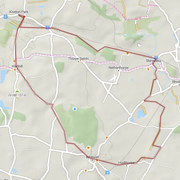 Map miniature of "Scenic Gravel Ride through Shireoaks and Whitwell" cycling inspiration in South Yorkshire, United Kingdom. Generated by Tarmacs.app cycling route planner