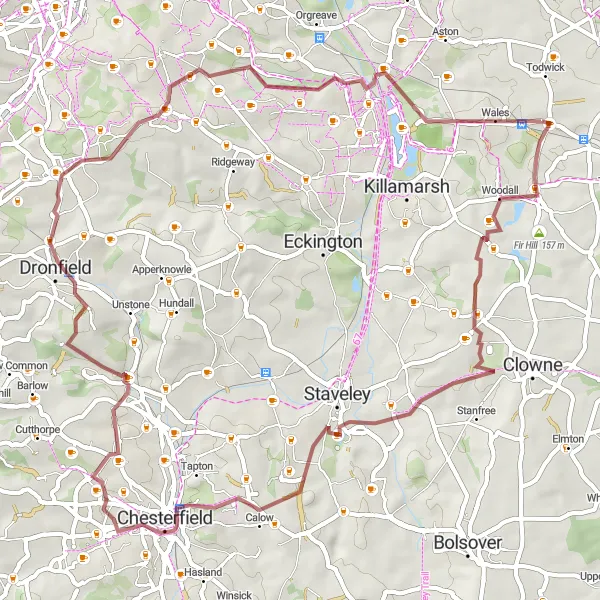 Map miniature of "The Chesterfield Gravel Loop" cycling inspiration in South Yorkshire, United Kingdom. Generated by Tarmacs.app cycling route planner