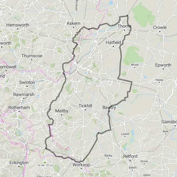 Map miniature of "Picturesque Road Journey through Todwick and Bawtry" cycling inspiration in South Yorkshire, United Kingdom. Generated by Tarmacs.app cycling route planner