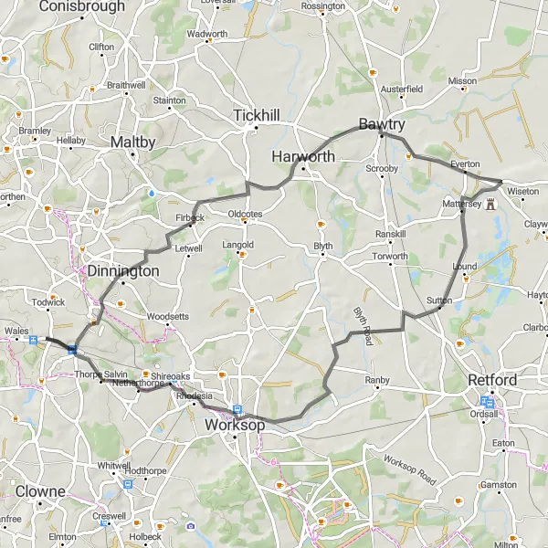 Map miniature of "The Bawtry Adventure" cycling inspiration in South Yorkshire, United Kingdom. Generated by Tarmacs.app cycling route planner