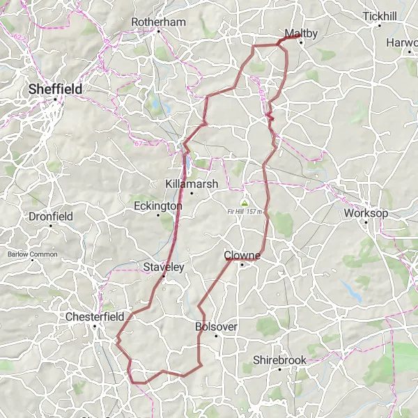 Map miniature of "Bolsover Castle and Thurcroft Gravel Ride" cycling inspiration in South Yorkshire, United Kingdom. Generated by Tarmacs.app cycling route planner