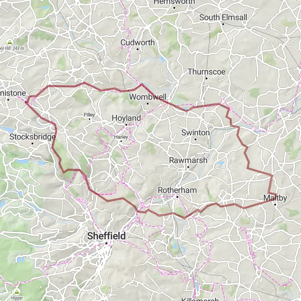 Map miniature of "South Yorkshire Gravel Adventure" cycling inspiration in South Yorkshire, United Kingdom. Generated by Tarmacs.app cycling route planner