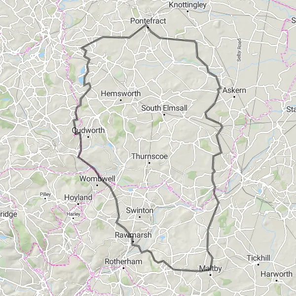 Map miniature of "Wombwell and Burghwallis Road Loop" cycling inspiration in South Yorkshire, United Kingdom. Generated by Tarmacs.app cycling route planner