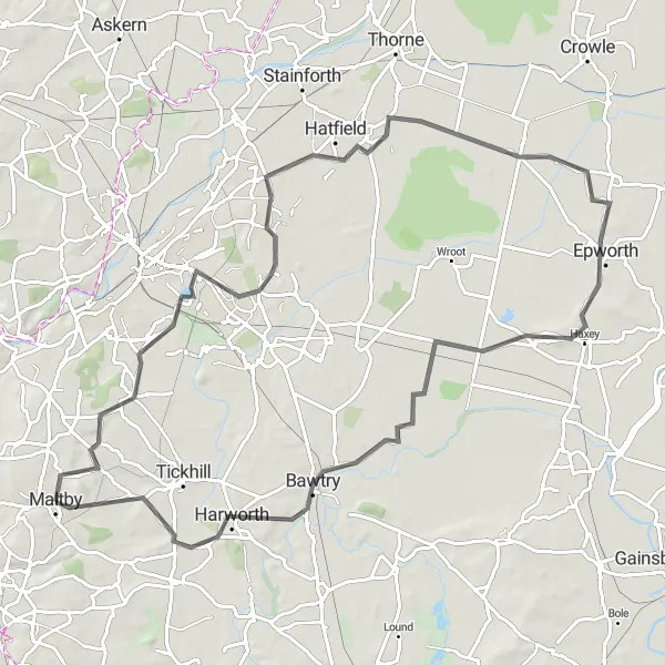 Map miniature of "Epworth and Misson Loop" cycling inspiration in South Yorkshire, United Kingdom. Generated by Tarmacs.app cycling route planner