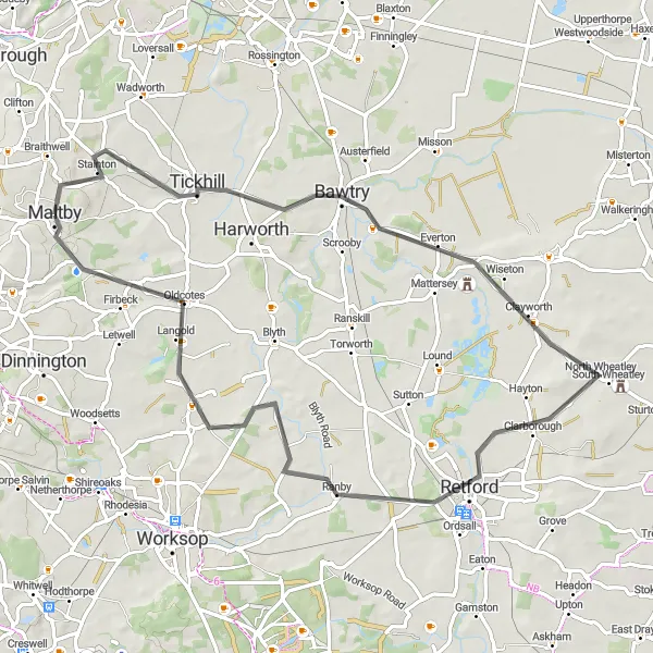 Map miniature of "The Road to Historic Bawtry" cycling inspiration in South Yorkshire, United Kingdom. Generated by Tarmacs.app cycling route planner