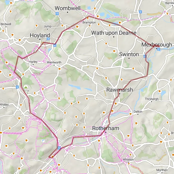 Map miniature of "Mexborough to Wath upon Dearne Loop" cycling inspiration in South Yorkshire, United Kingdom. Generated by Tarmacs.app cycling route planner