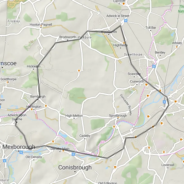 Map miniature of "Brodsworth and Doncaster Loop" cycling inspiration in South Yorkshire, United Kingdom. Generated by Tarmacs.app cycling route planner