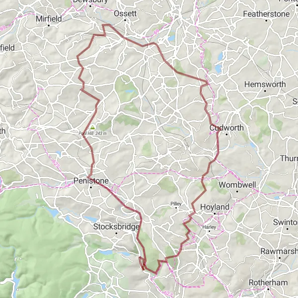 Map miniature of "Peak District Gravel Challenge" cycling inspiration in South Yorkshire, United Kingdom. Generated by Tarmacs.app cycling route planner