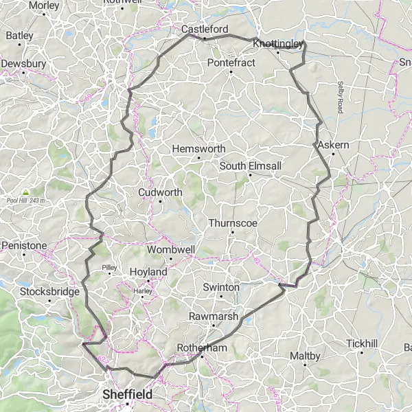 Map miniature of "South Yorkshire Road Challenge" cycling inspiration in South Yorkshire, United Kingdom. Generated by Tarmacs.app cycling route planner