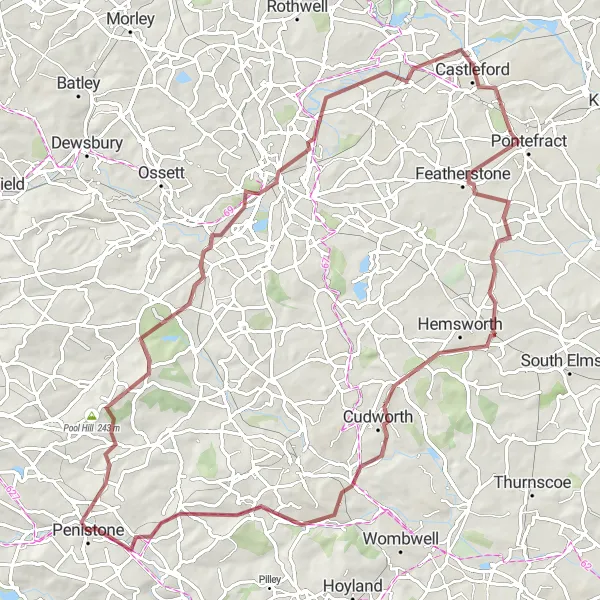 Map miniature of "Penistone Gravel Discovery" cycling inspiration in South Yorkshire, United Kingdom. Generated by Tarmacs.app cycling route planner