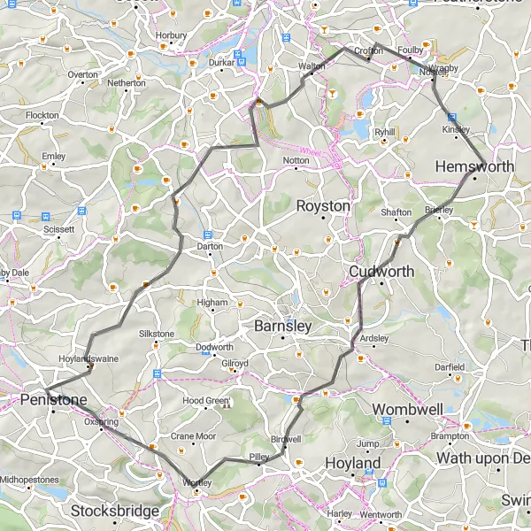 Map miniature of "Penistone Countryside Delight" cycling inspiration in South Yorkshire, United Kingdom. Generated by Tarmacs.app cycling route planner