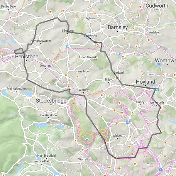 Map miniature of "Penistone to Grenoside Road Loop" cycling inspiration in South Yorkshire, United Kingdom. Generated by Tarmacs.app cycling route planner