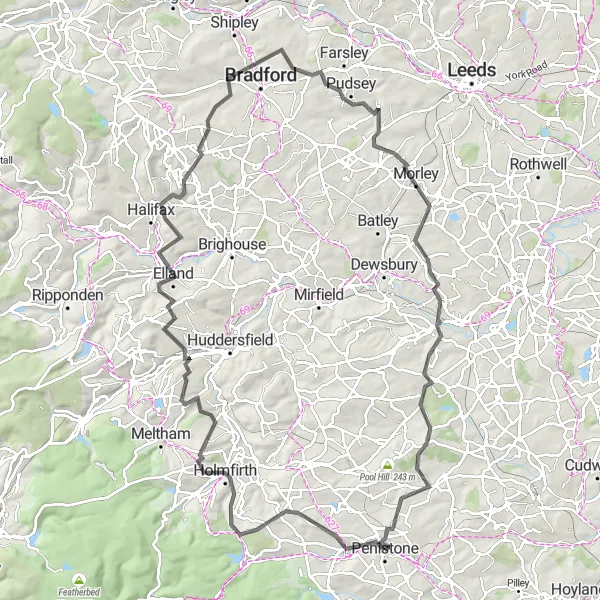 Map miniature of "Penistone Epic Road Adventure" cycling inspiration in South Yorkshire, United Kingdom. Generated by Tarmacs.app cycling route planner