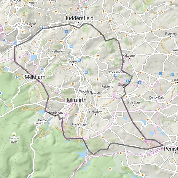 Map miniature of "Penistone Road Challenge" cycling inspiration in South Yorkshire, United Kingdom. Generated by Tarmacs.app cycling route planner