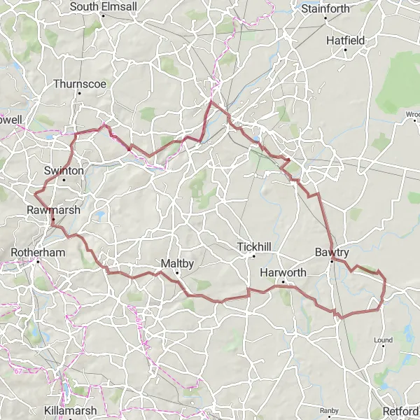 Map miniature of "The Rossington Adventure" cycling inspiration in South Yorkshire, United Kingdom. Generated by Tarmacs.app cycling route planner