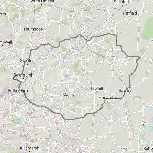 Map miniature of "Greasbrough and Cusworth Loop" cycling inspiration in South Yorkshire, United Kingdom. Generated by Tarmacs.app cycling route planner