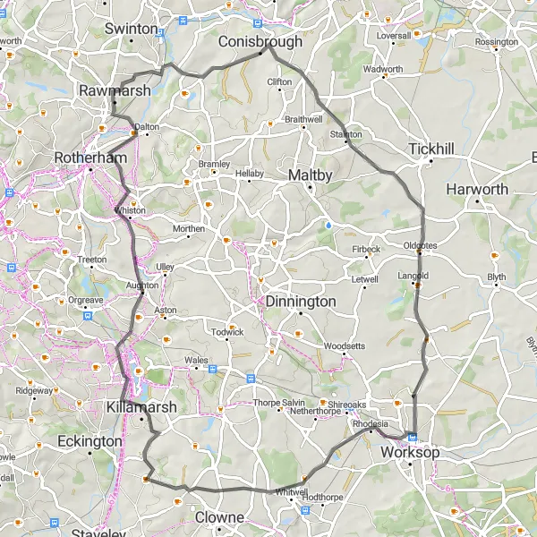 Map miniature of "Hooton Roberts Loop" cycling inspiration in South Yorkshire, United Kingdom. Generated by Tarmacs.app cycling route planner