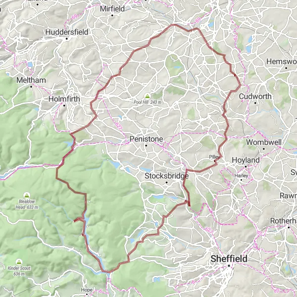 Map miniature of "The Peak District Challenge" cycling inspiration in South Yorkshire, United Kingdom. Generated by Tarmacs.app cycling route planner